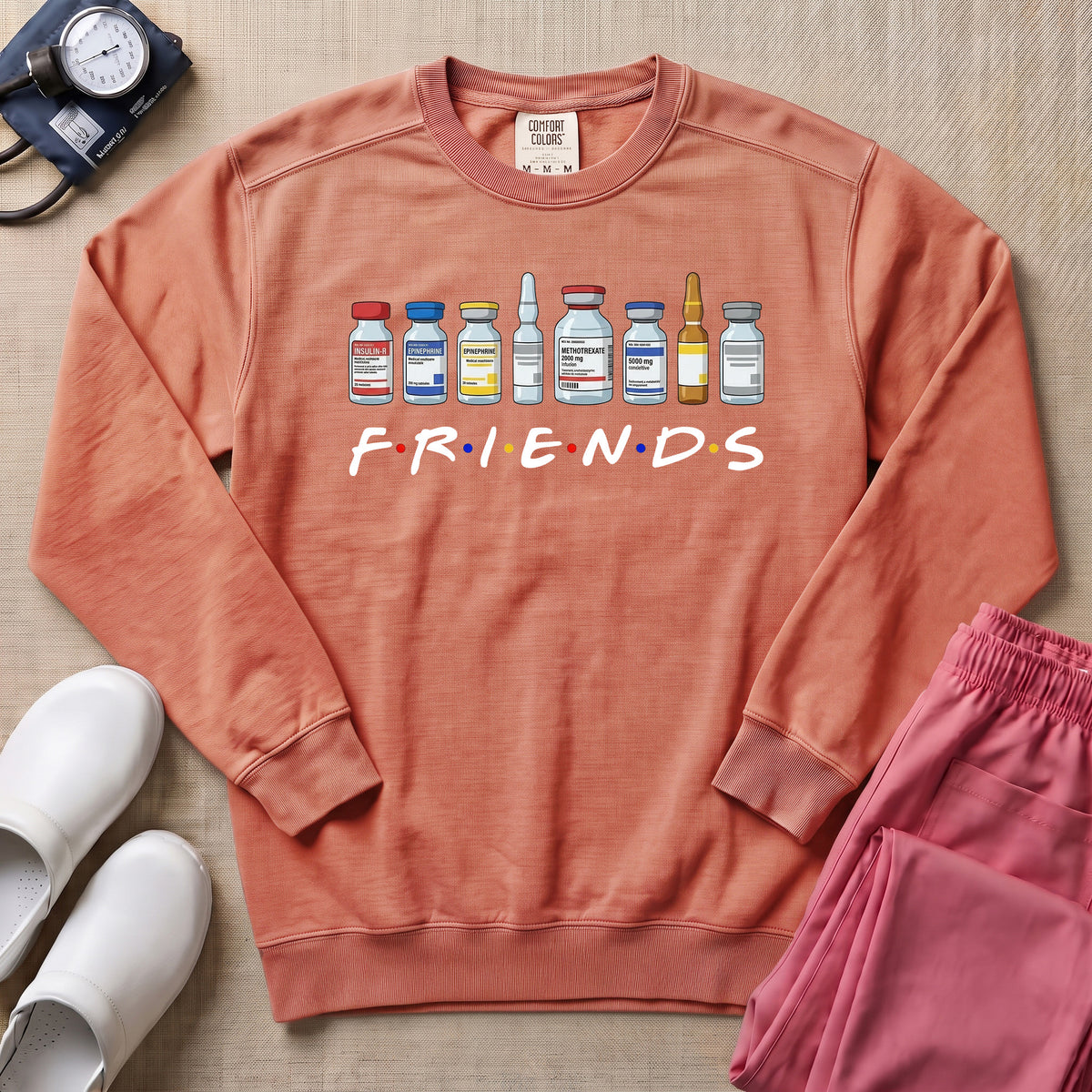 Nurse Friends Medical Vials Funny Retro Sweatshirt - Terracotta Comfort Colors Sweatshirt | HugTee
