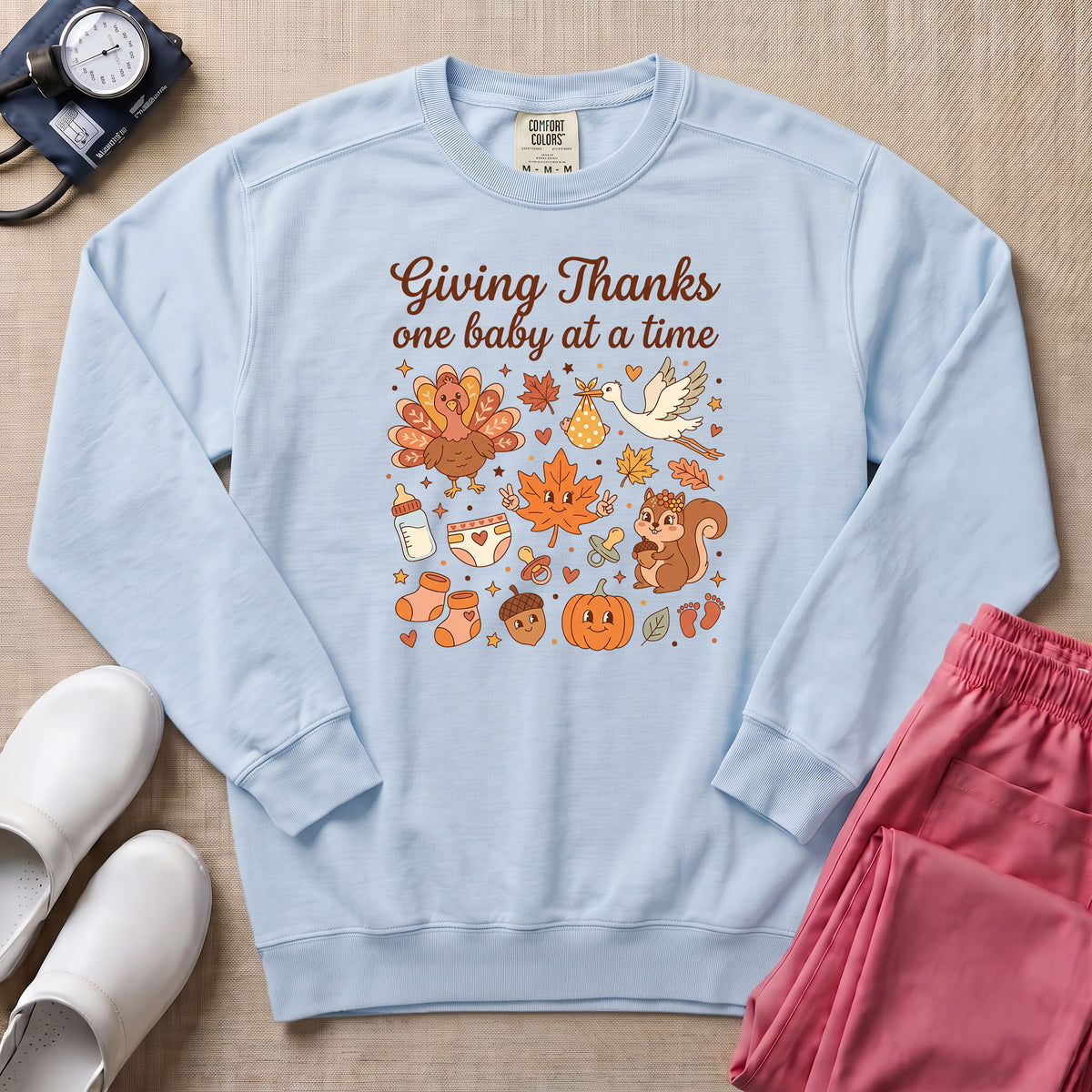 Retro Giving Thanks One Baby At A Time Thanksgiving L&D and NICU Nurse Sweatshirt - Chambray Comfort Colors Sweatshirt | HugTee