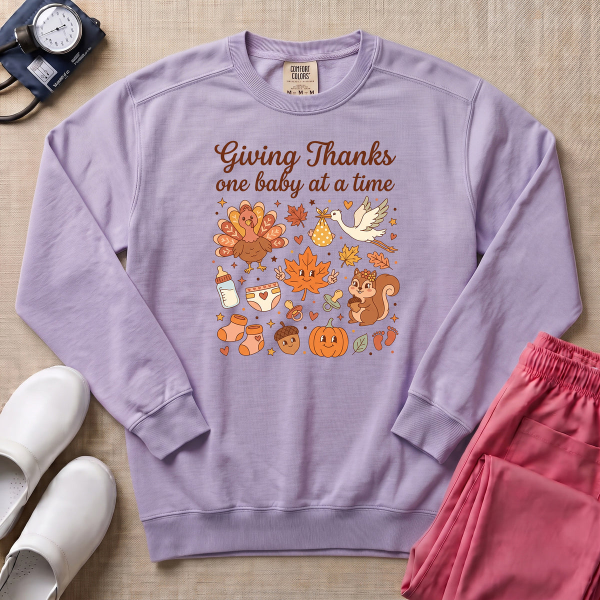 Retro Giving Thanks One Baby At A Time Thanksgiving L&D and NICU Nurse Sweatshirt - Orchid Comfort Colors Sweatshirt | HugTee