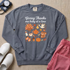 Retro Giving Thanks One Baby At A Time Thanksgiving L&D and NICU Nurse Sweatshirt - Blue Jean Comfort Colors Sweatshirt | HugTee