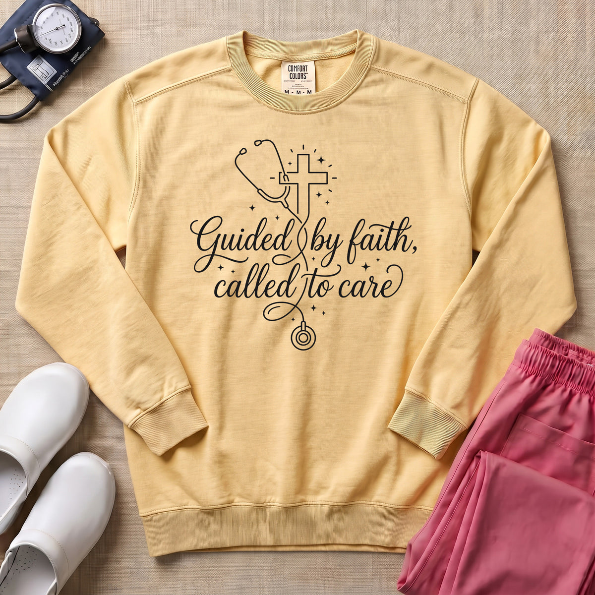 Guided By Faith Called To Care Christian Nurse Sweatshirt - Butter Comfort Colors Sweatshirt | HugTee