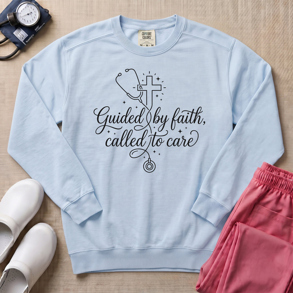Guided By Faith Called To Care Christian Nurse Sweatshirt - Chambray Comfort Colors Sweatshirt | HugTee