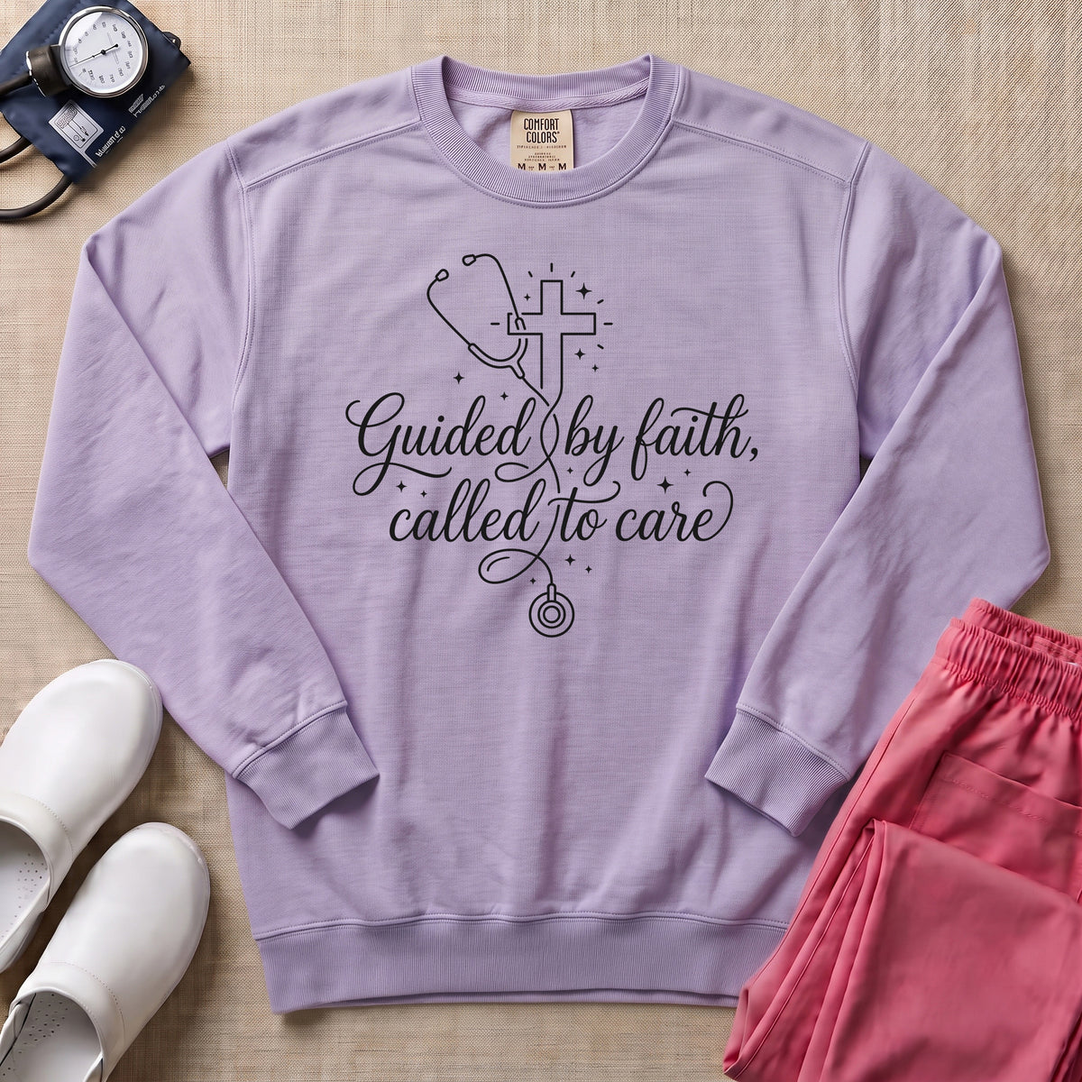 Guided By Faith Called To Care Christian Nurse Sweatshirt - Orchid Comfort Colors Sweatshirt | HugTee