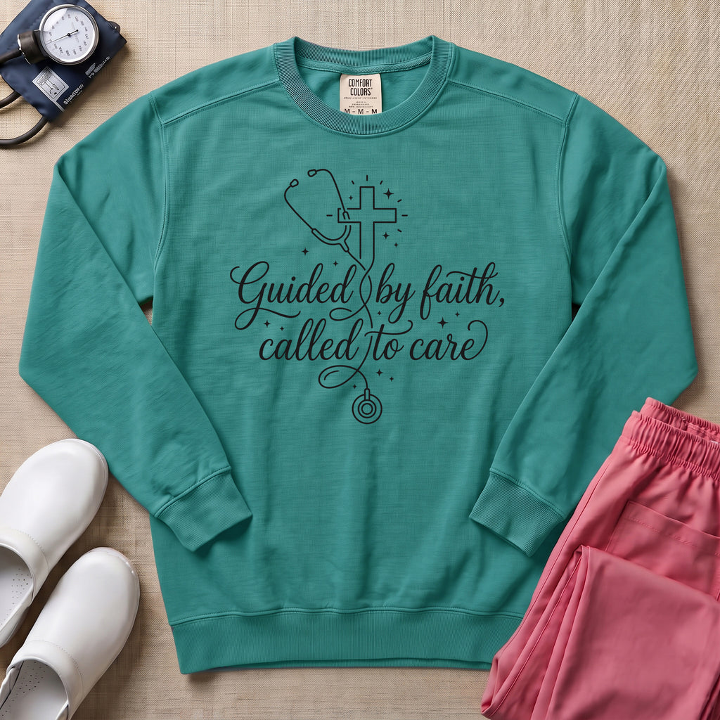 Guided By Faith Called To Care Christian Nurse Sweatshirt - Seafoam Comfort Colors Sweatshirt | HugTee