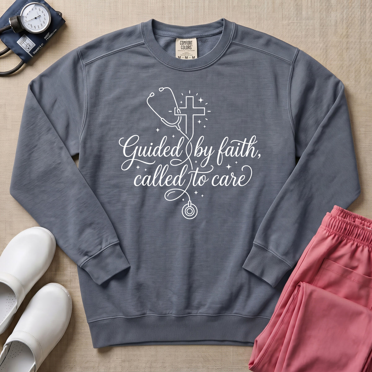 Guided By Faith Called To Care Christian Nurse Sweatshirt - Blue Jean Comfort Colors Sweatshirt | HugTee