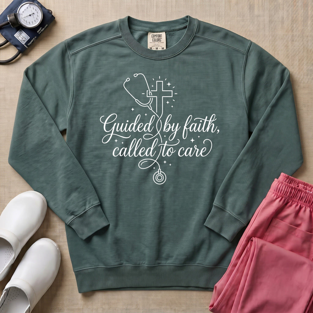 Guided By Faith Called To Care Christian Nurse Sweatshirt - Blue Spruce Comfort Colors Sweatshirt | HugTee
