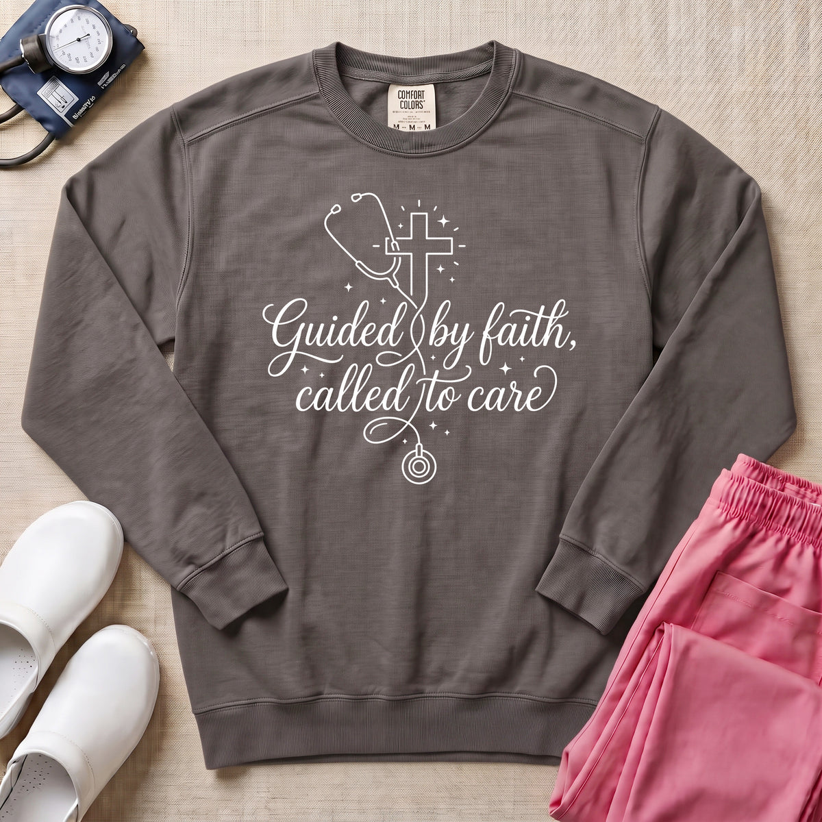 Guided By Faith Called To Care Christian Nurse Sweatshirt - Pepper Lifestyle Hero Mockup | HugTee