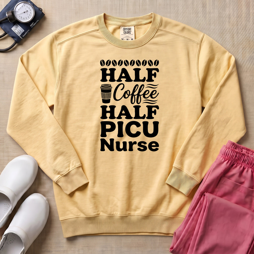 Half Coffee Half PICU Nurse Sweatshirt - Butter Comfort Colors Sweatshirt | HugTee