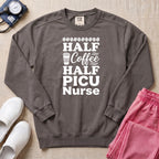 Half Coffee Half PICU Nurse Sweatshirt - Pepper Lifestyle Hero Mockup | HugTee