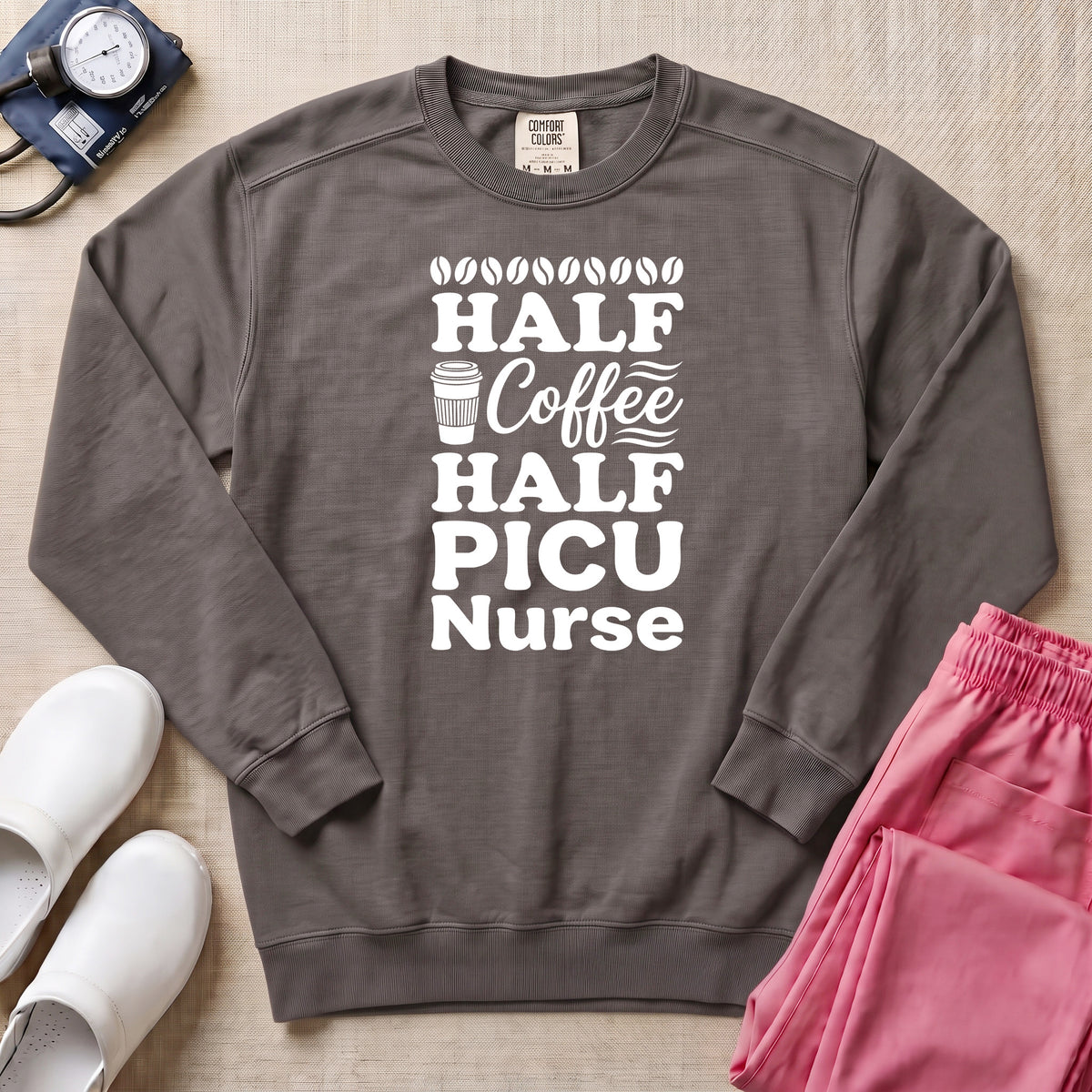 Half Coffee Half PICU Nurse Sweatshirt - Pepper Lifestyle Hero Mockup | HugTee