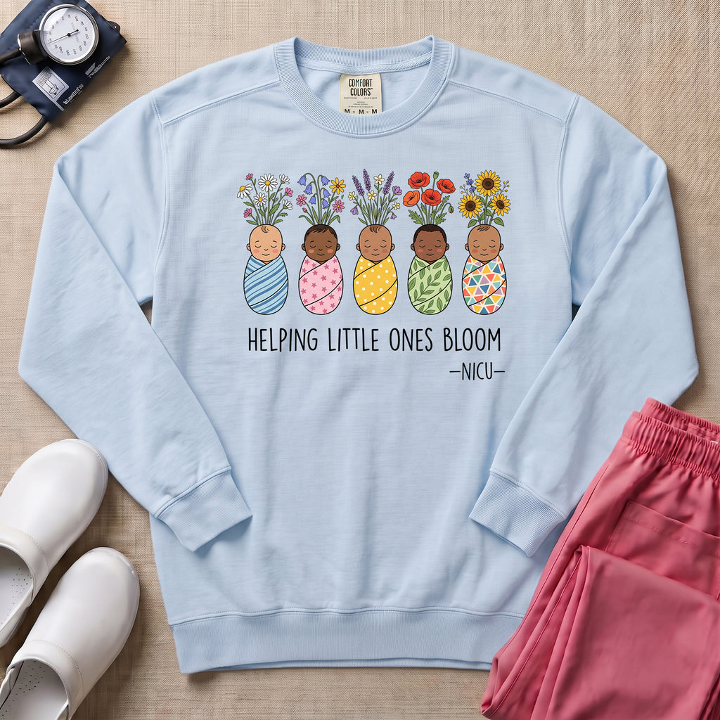 Helping Little Ones Bloom Floral NICU Nurse Sweatshirt - Chambray Comfort Colors Sweatshirt | HugTee