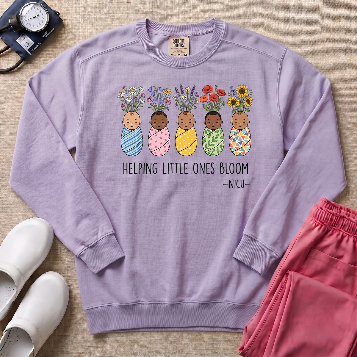 Helping Little Ones Bloom Floral NICU Nurse Sweatshirt - Orchid Comfort Colors Sweatshirt | HugTee