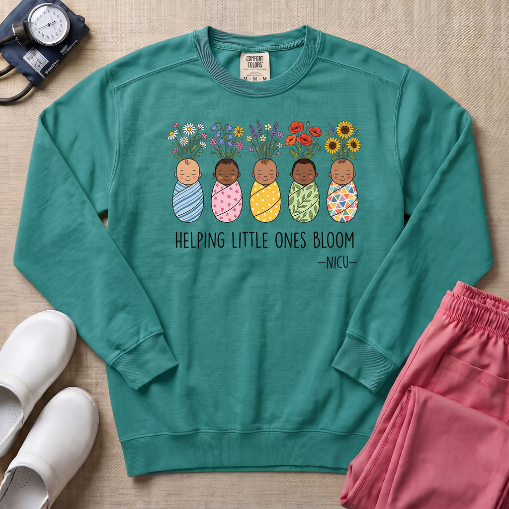 Helping Little Ones Bloom Floral NICU Nurse Sweatshirt - Seafoam Comfort Colors Sweatshirt | HugTee