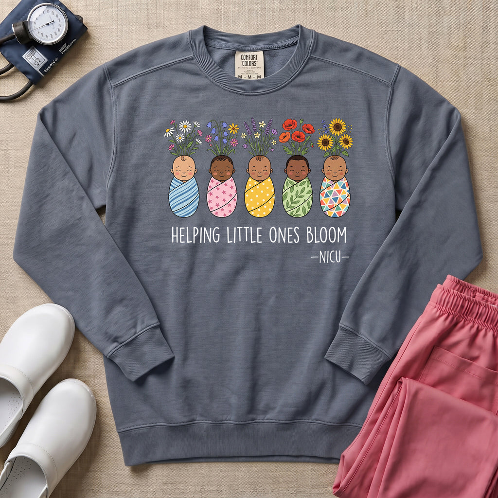 Helping Little Ones Bloom Floral NICU Nurse Sweatshirt - Blue Jean Comfort Colors Sweatshirt | HugTee