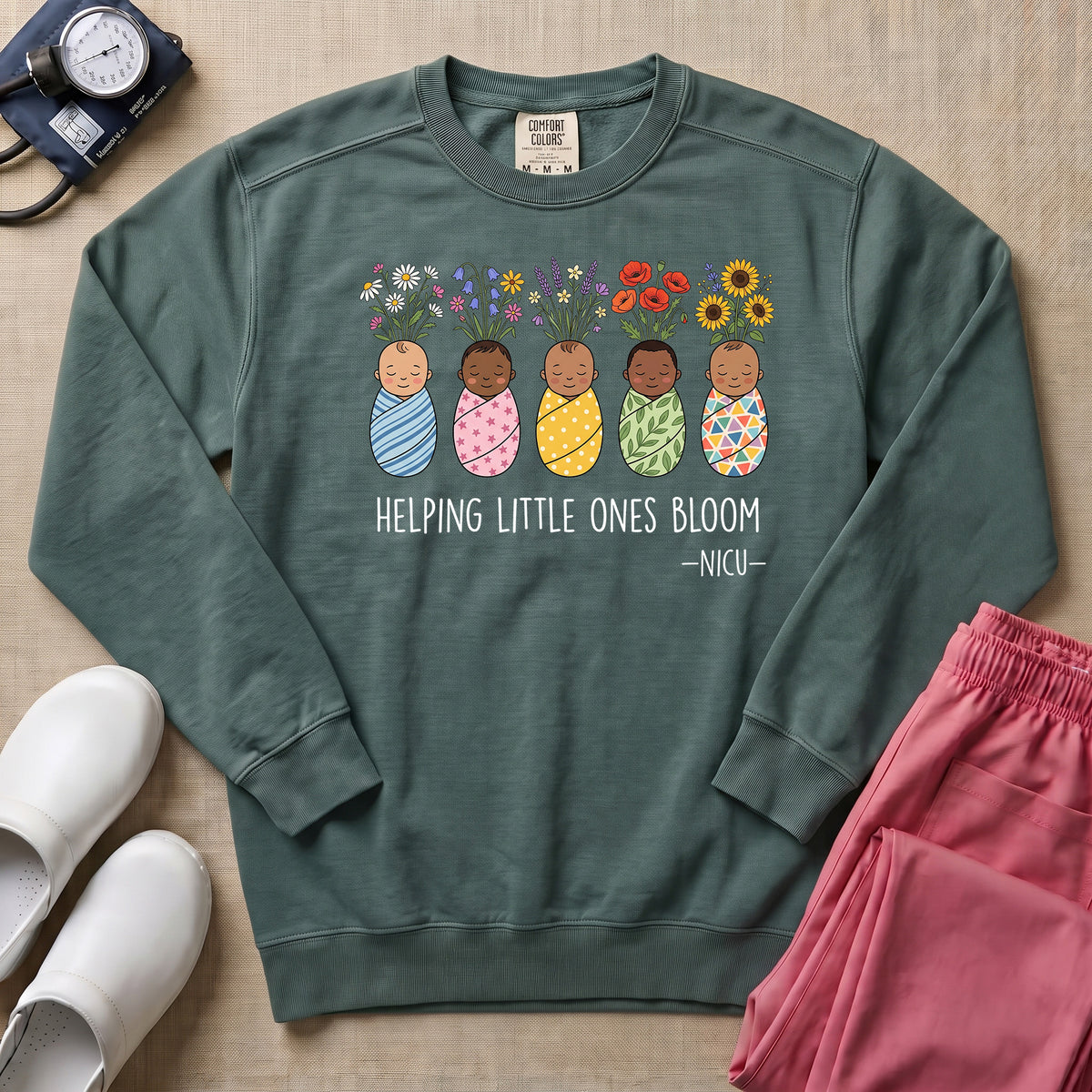 Helping Little Ones Bloom Floral NICU Nurse Sweatshirt - Blue Spruce Comfort Colors Sweatshirt | HugTee