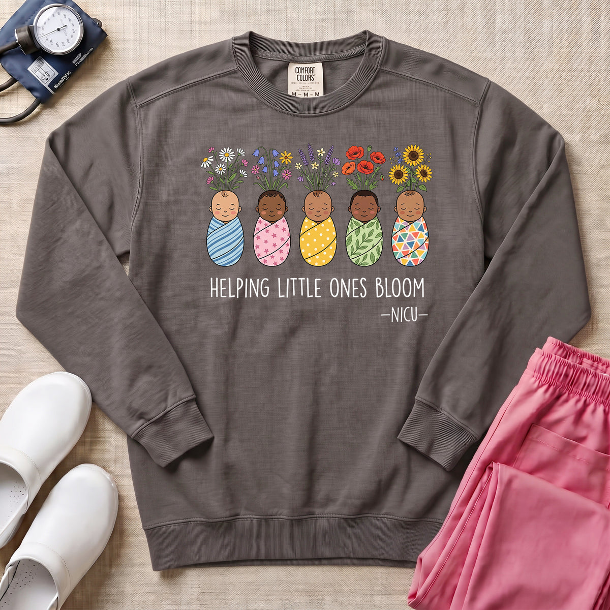 Helping Little Ones Bloom Floral NICU Nurse Sweatshirt - Pepper Lifestyle Hero Mockup | HugTee