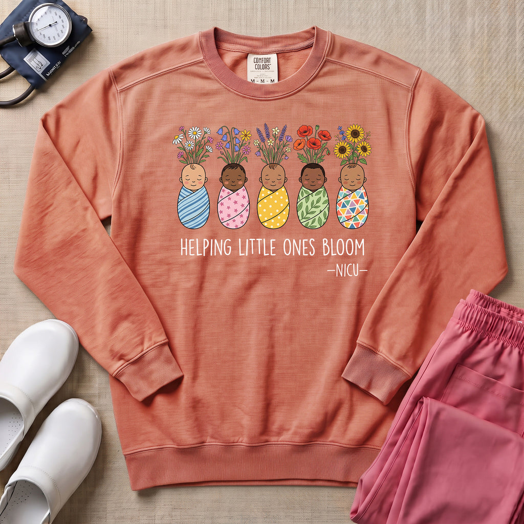 Helping Little Ones Bloom Floral NICU Nurse Sweatshirt - Terracotta Comfort Colors Sweatshirt | HugTee