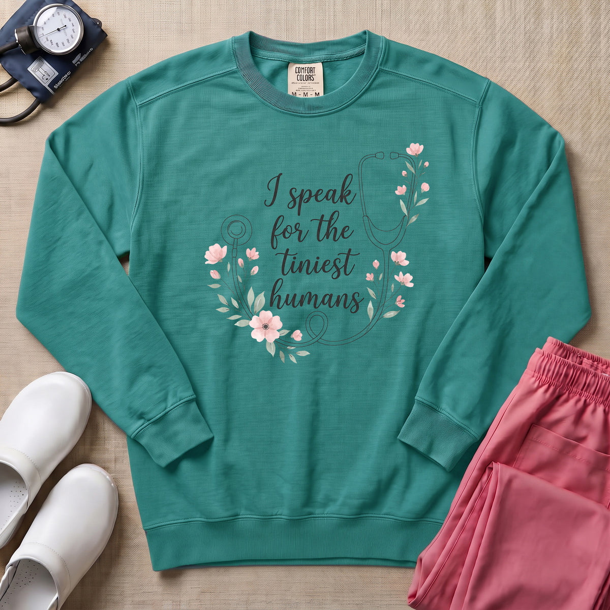 I Speak For The Tiniest Humans Floral Stethoscope Sweatshirt - Seafoam Comfort Colors Sweatshirt | HugTee