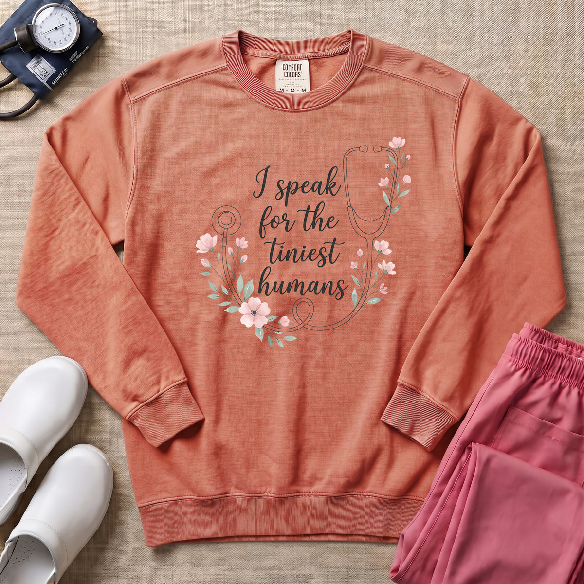 I Speak For The Tiniest Humans Floral Stethoscope Sweatshirt - Terracotta Comfort Colors Sweatshirt | HugTee
