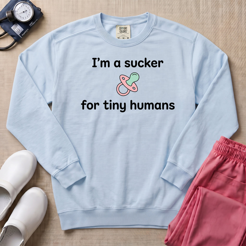 I'm A Sucker For Tiny Humans Funny Pediatric NICU Nurse Sweatshirt - Chambray Comfort Colors Sweatshirt | HugTee