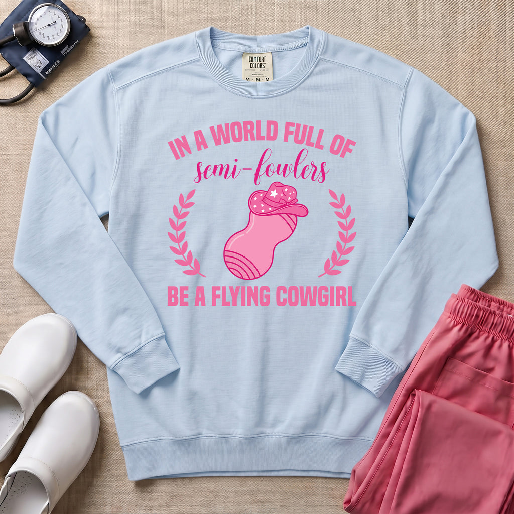 Funny Flying Cowgirl L&D Nurse Peanut Ball Sweatshirt - Chambray Comfort Colors Sweatshirt | HugTee