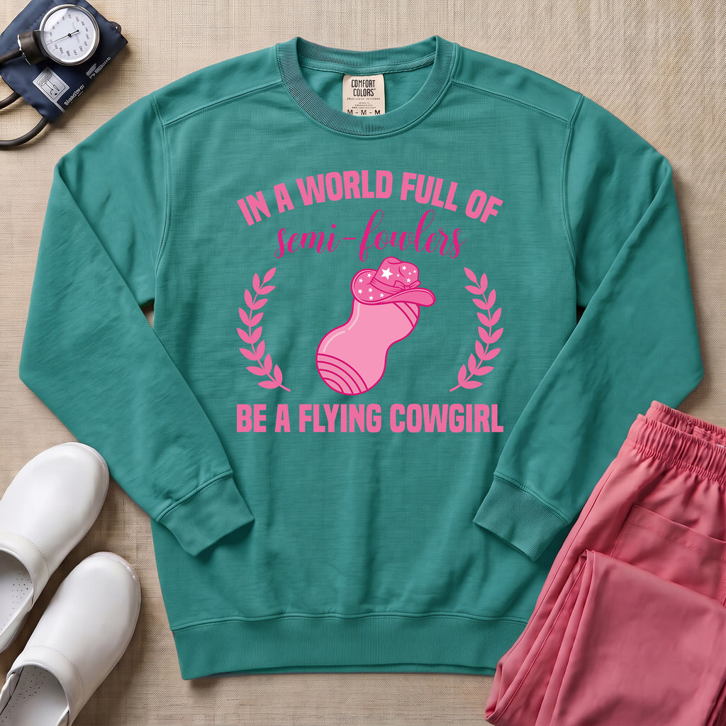 Funny Flying Cowgirl L&D Nurse Peanut Ball Sweatshirt - Seafoam Comfort Colors Sweatshirt | HugTee