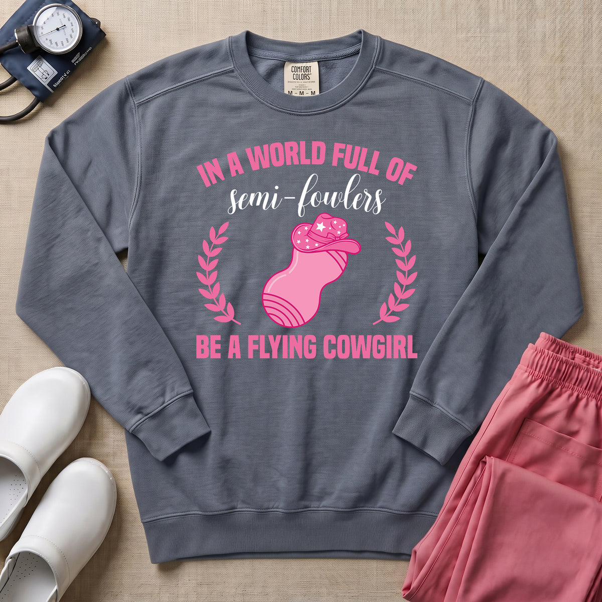 Funny Flying Cowgirl L&D Nurse Peanut Ball Sweatshirt - Blue Jean Comfort Colors Sweatshirt | HugTee