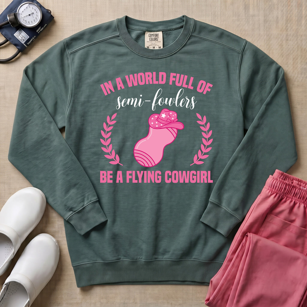 Funny Flying Cowgirl L&D Nurse Peanut Ball Sweatshirt - Blue Spruce Comfort Colors Sweatshirt | HugTee
