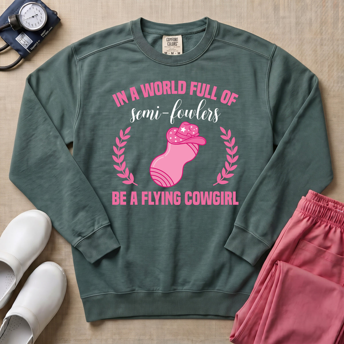 Funny Flying Cowgirl L&D Nurse Peanut Ball Sweatshirt - Blue Spruce Comfort Colors Sweatshirt | HugTee