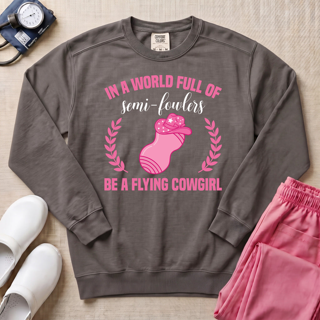 Funny Flying Cowgirl L&D Nurse Peanut Ball Sweatshirt - Pepper Lifestyle Hero Mockup | HugTee