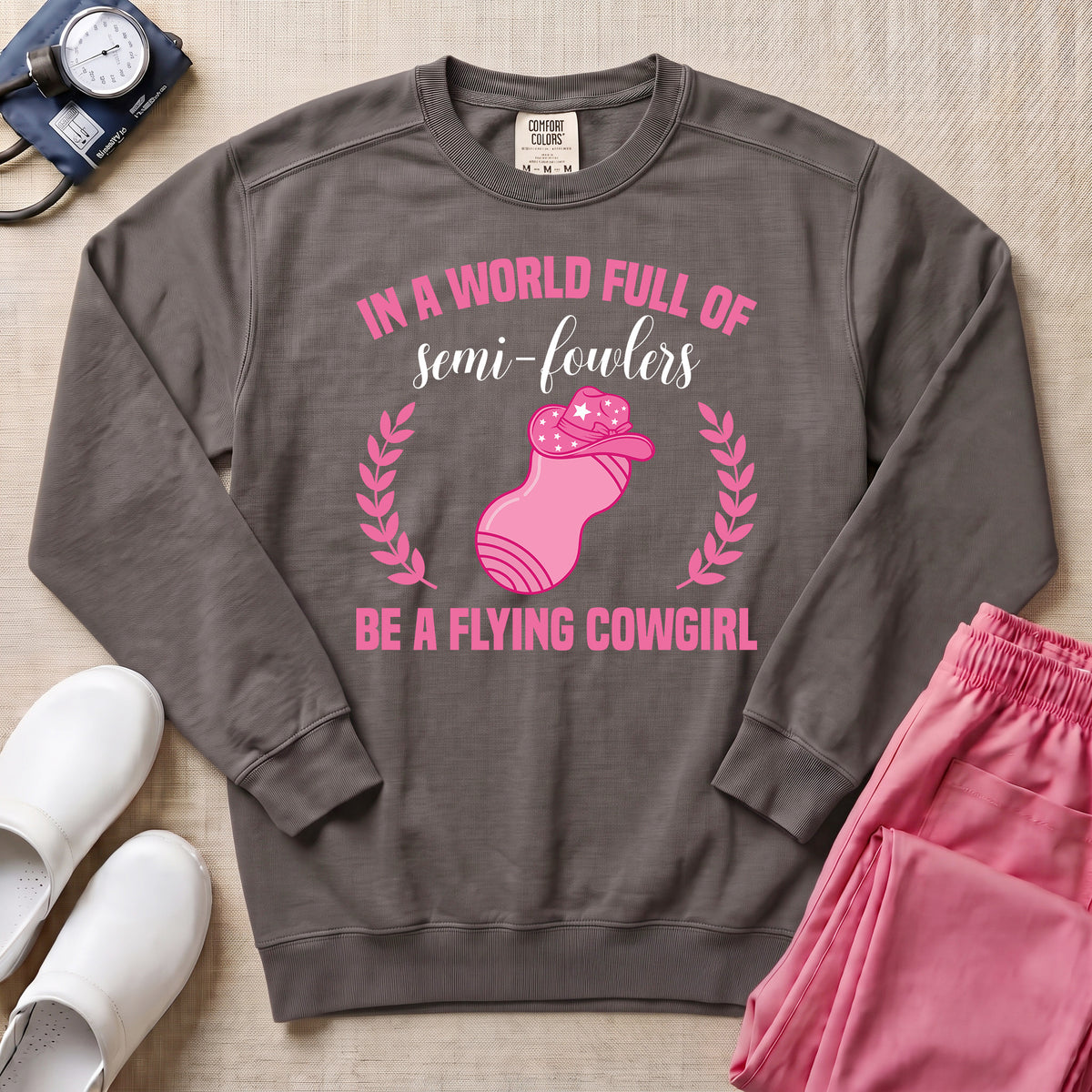 Funny Flying Cowgirl L&D Nurse Peanut Ball Sweatshirt - Pepper Lifestyle Hero Mockup | HugTee