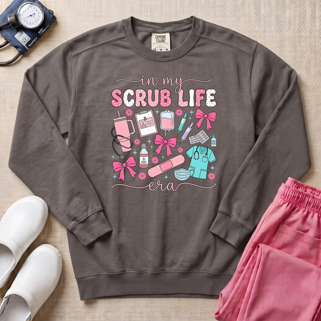 In My Scrub Life Era Coquette Nurse Sweatshirt - Pepper Lifestyle Hero Mockup | HugTee