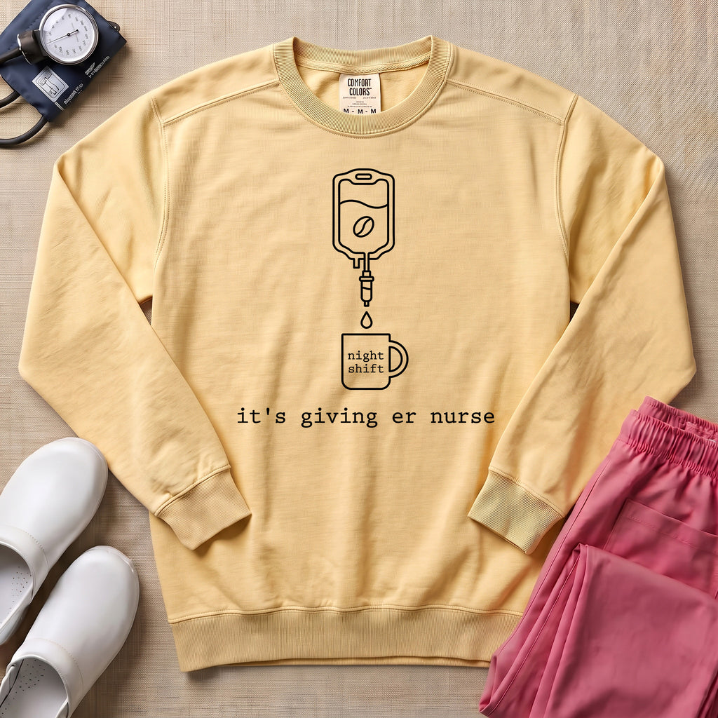 It's Giving ER Nurse Night Shift Coffee Minimalist Sweatshirt - Butter Comfort Colors Sweatshirt | HugTee