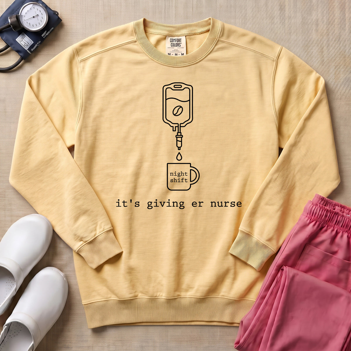 It's Giving ER Nurse Night Shift Coffee Minimalist Sweatshirt - Butter Comfort Colors Sweatshirt | HugTee
