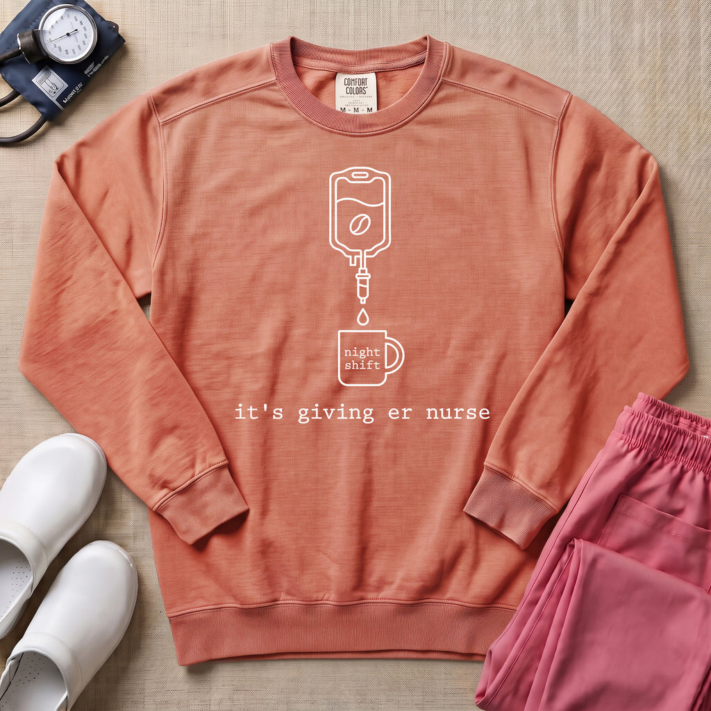 It's Giving ER Nurse Night Shift Coffee Minimalist Sweatshirt - Terracotta Comfort Colors Sweatshirt | HugTee
