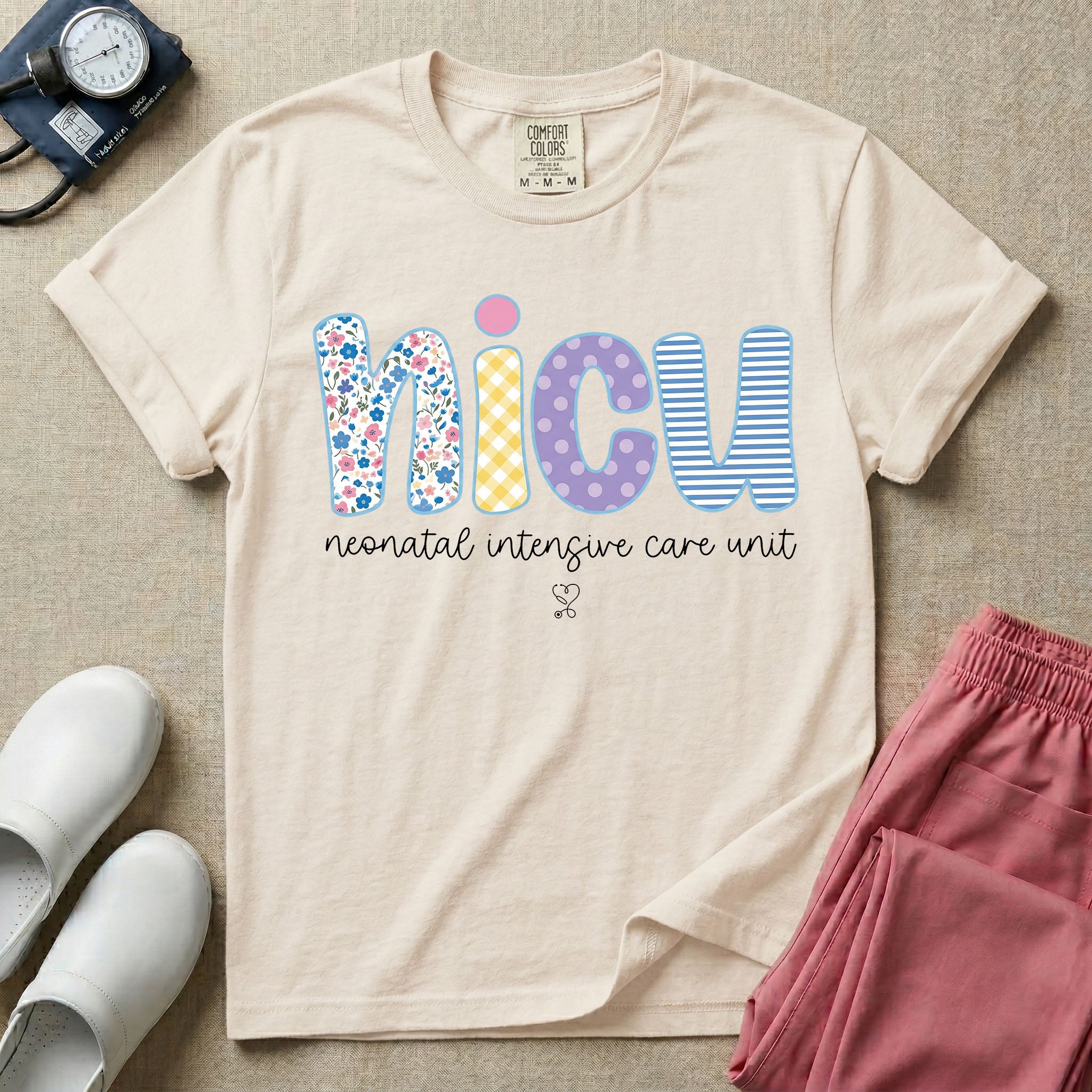 Neonatal Intensive Care Unit NICU nurse t-shirt with boho floral block letters in ivory color.