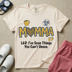 Labor and Delivery L&D nurse t-shirt with leopard print momma text and funny I've seen things you can't unsee graphic in ivory color.