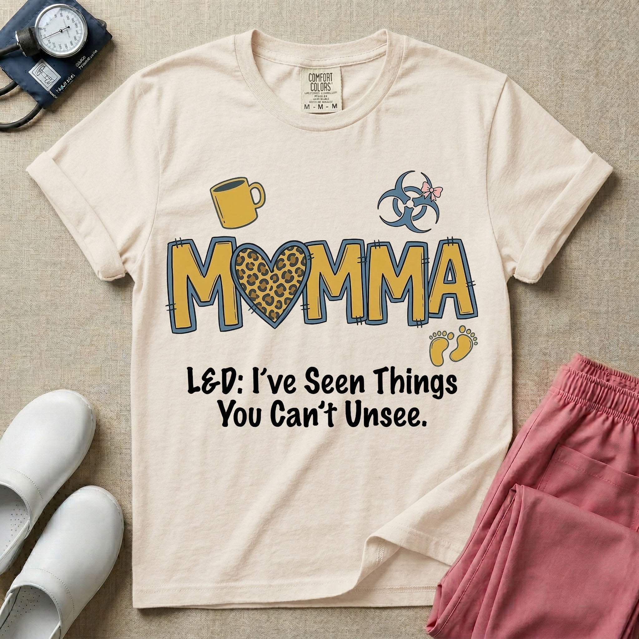 Labor and Delivery L&D nurse t-shirt with leopard print momma text and funny I've seen things you can't unsee graphic in ivory color.