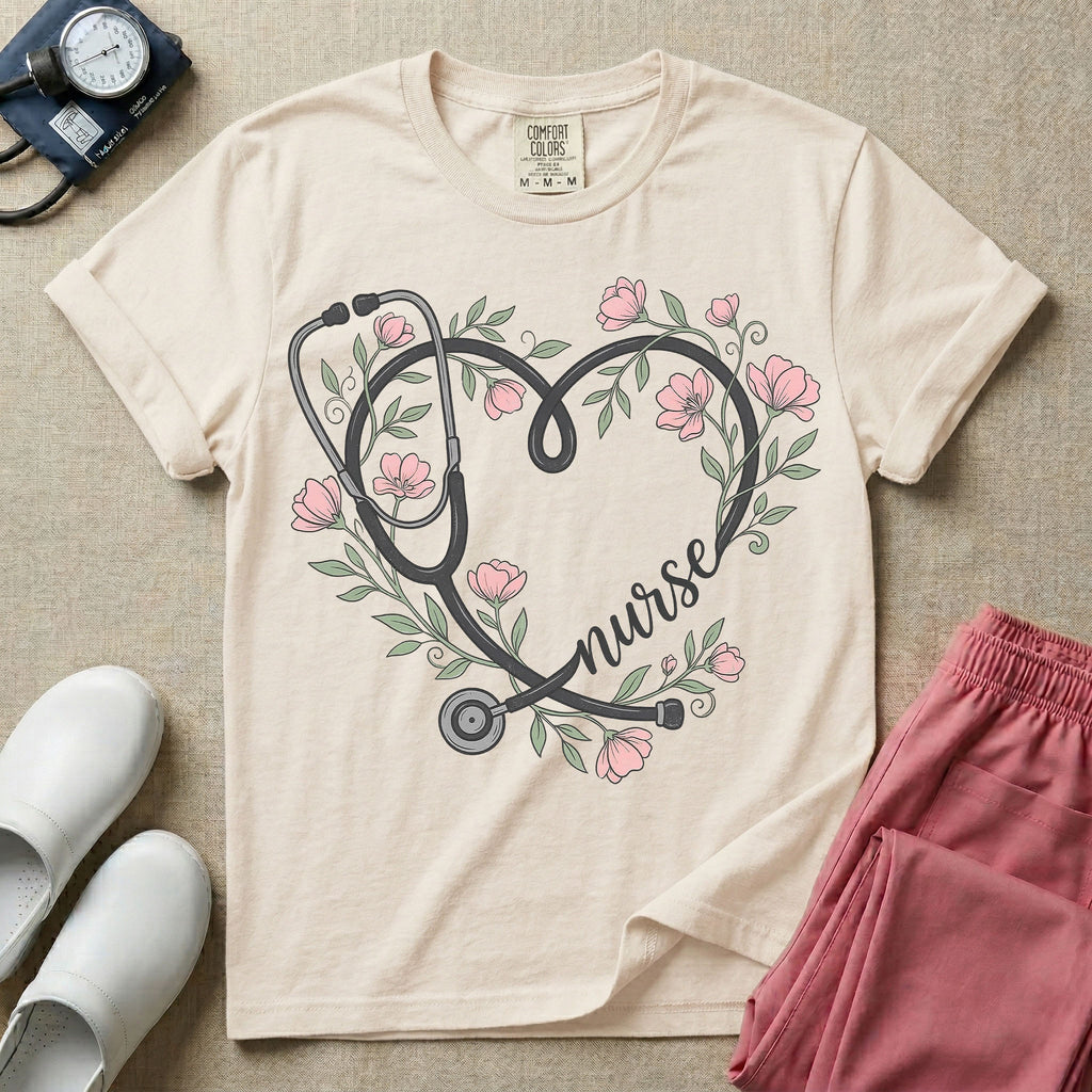 General nursing t-shirt featuring a heart-shaped stethoscope design intertwined with pink flowers and the cursive text "nurse".