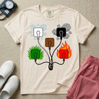 A minimalist t-shirt for nurses featuring an ECG lead placement mnemonic graphic with five connected electrical plugs, illustrating white snow over green grass, black smoke over red fire, and a central brown plug.