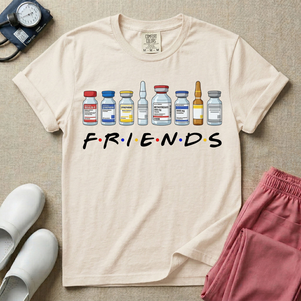 A humorous retro-style t-shirt for nurses featuring a row of seven different medical vials and medicine ampules lined up above the word "FRIENDS", which is styled with colored dots between the letters to resemble the classic television show logo.