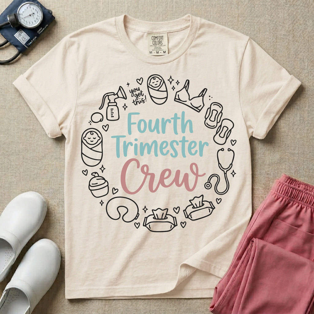 A postpartum nursing t-shirt featuring the stacked text "Fourth Trimester Crew" in blue and pink retro fonts, surrounded by a circular border of white minimalist line drawings depicting newborn and postpartum care items including a breast pump, swaddled baby, maternity bra, maxi pad, stethoscope, wipes, and a nursing pillow.