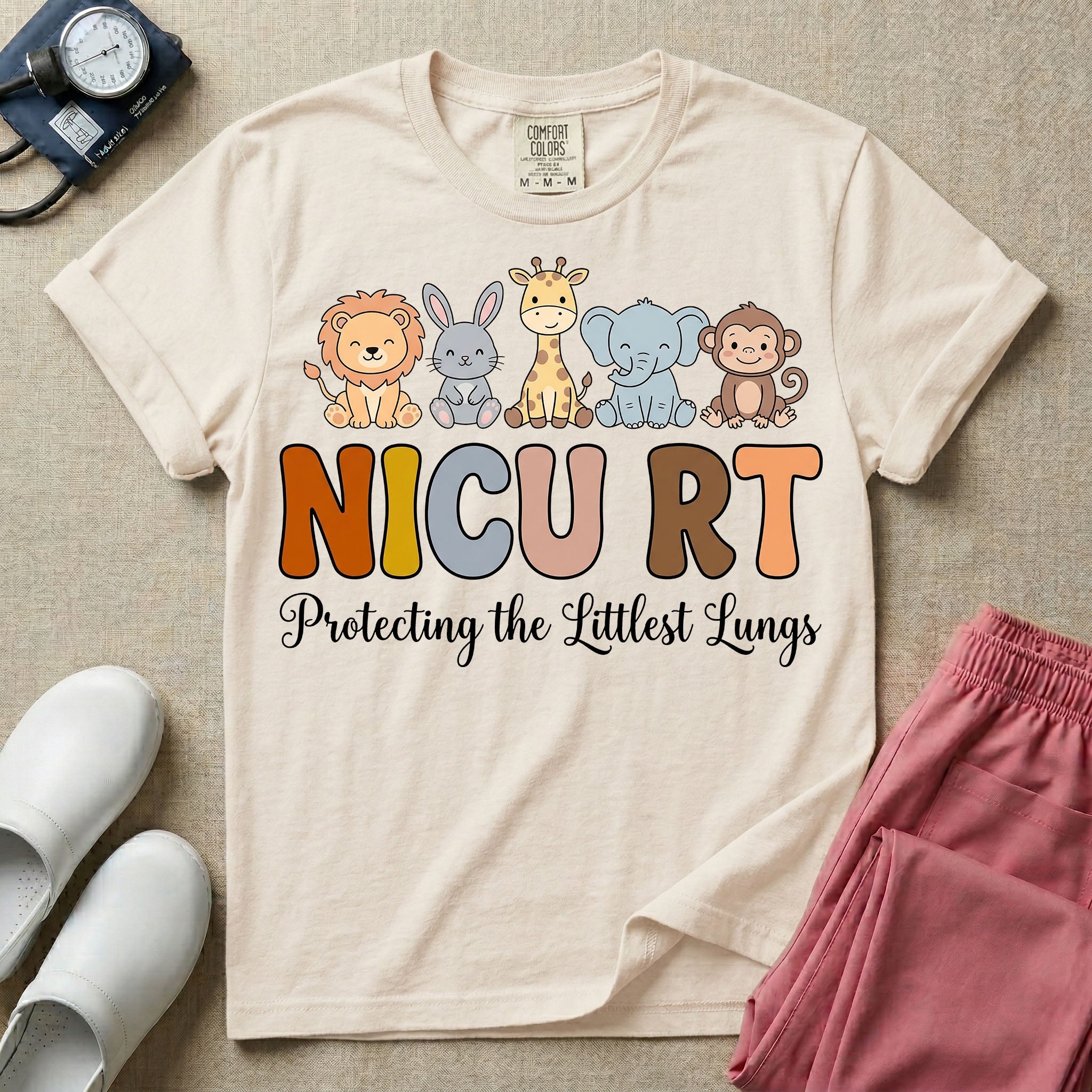Neonatal Intensive Care Unit NICU RT respiratory therapist t-shirt featuring a row of cute cartoon animals including a lion, bunny, giraffe, elephant, and monkey sitting on the text "NICU RT" positioned above the cursive text "Protecting the Littlest Lungs".