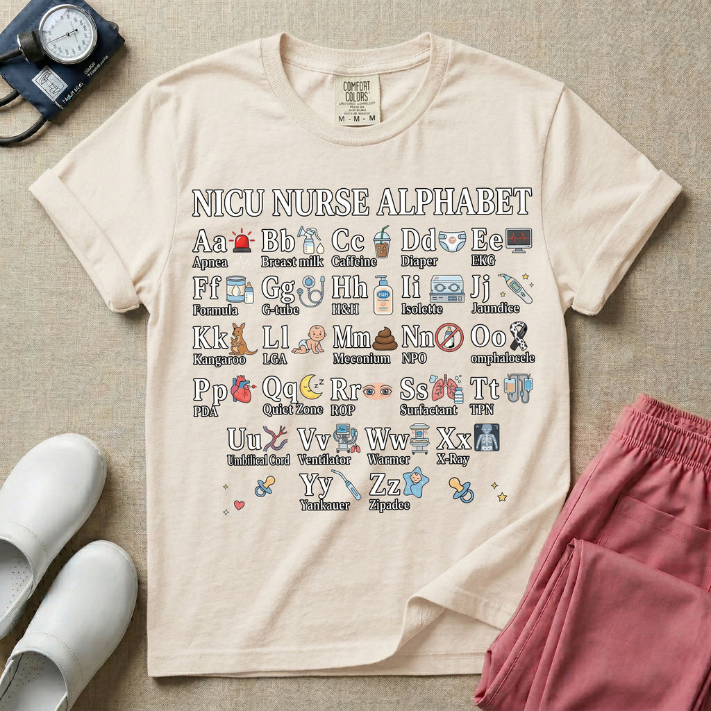 A graphic for a Neonatal Intensive Care Unit featuring the text 'NICU NURSE ALPHABET' above a comprehensive grid displaying the letters A through Z, each paired with a tiny medical illustration and term related to NICU nursing.