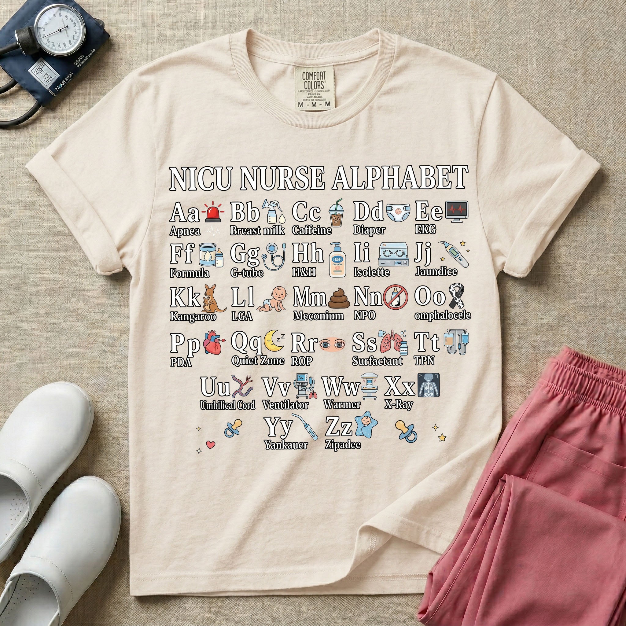 A graphic for a Neonatal Intensive Care Unit featuring the text 'NICU NURSE ALPHABET' above a comprehensive grid displaying the letters A through Z, each paired with a tiny medical illustration and term related to NICU nursing.