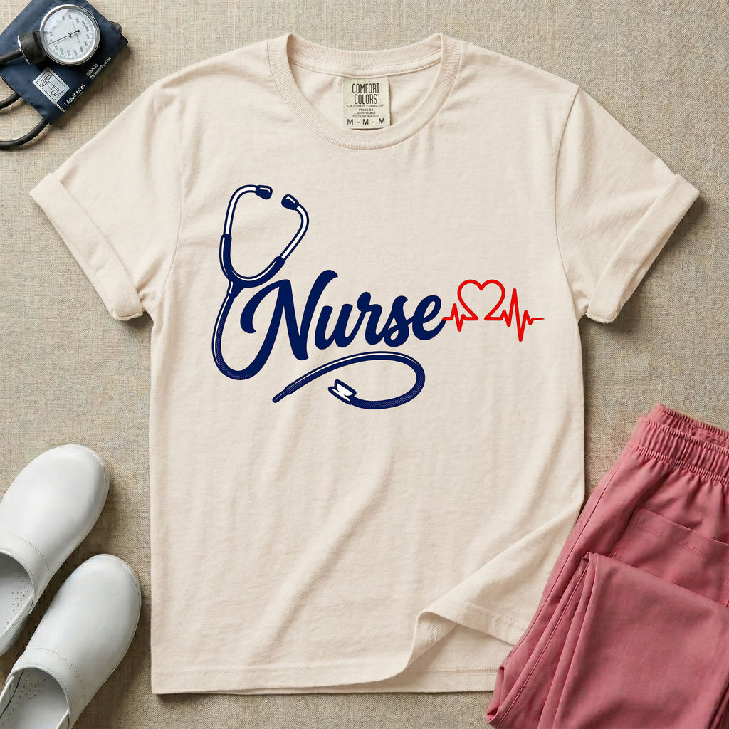 General nursing t-shirt with a minimalist cursive Nurse text integrated with a navy blue stethoscope and a red heartbeat graphic.