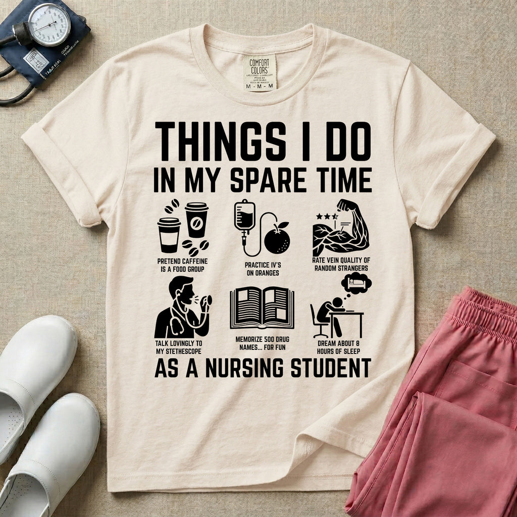 A t-shirt featuring the text THINGS I DO IN MY SPARE TIME AS A NURSING STUDENT surrounded by humorous line-art icons depicting studying, drinking coffee, and lacking sleep.
