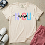 A graphic for the Neonatal Intensive Care Unit featuring the word 'NICU' in large, colorful pastel block letters with the word 'mama' written in a flowing white cursive font across the center.