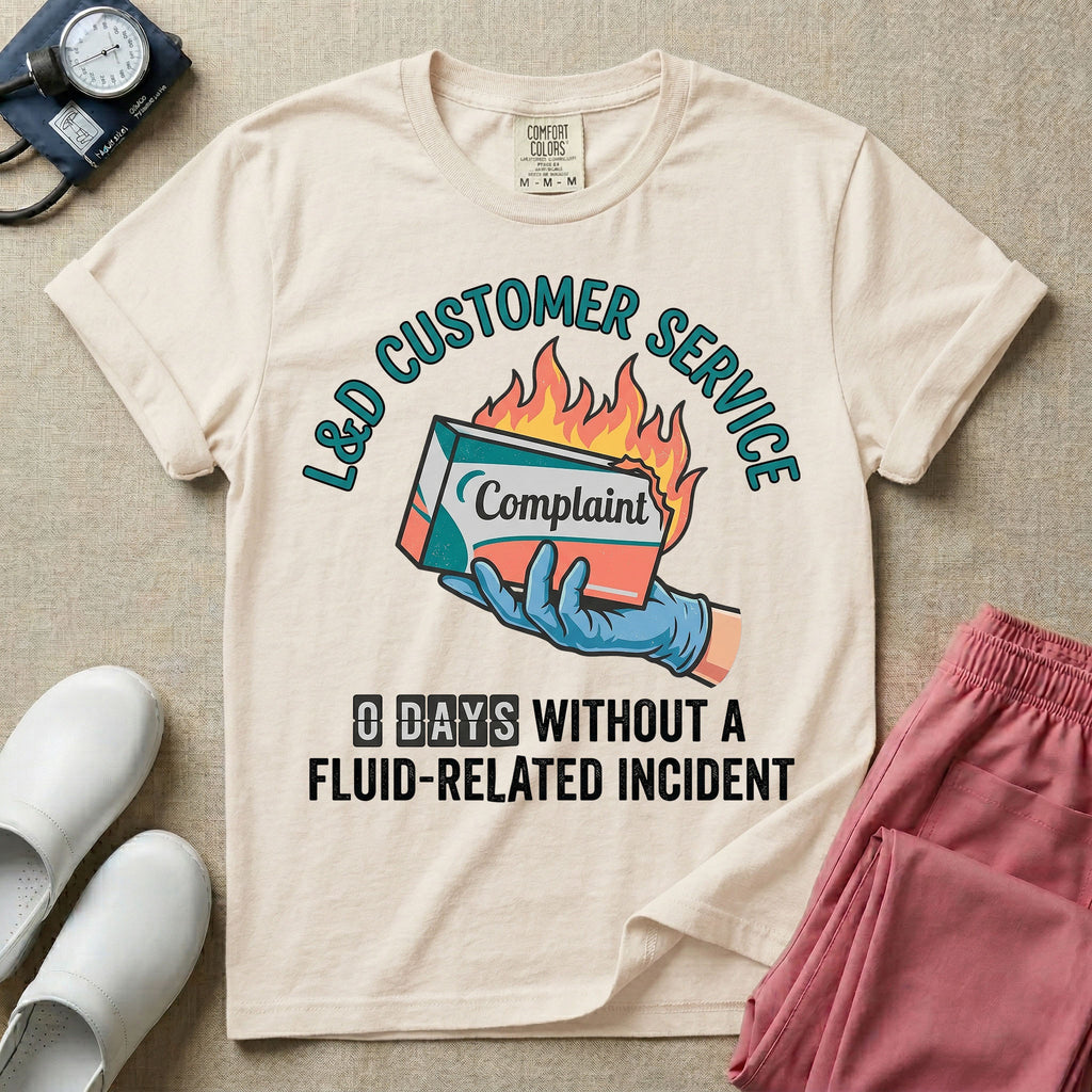 Labor and Delivery L&D nurse t-shirt with funny customer service burning complaint box and zero days without a fluid-related incident graphic in ivory color.