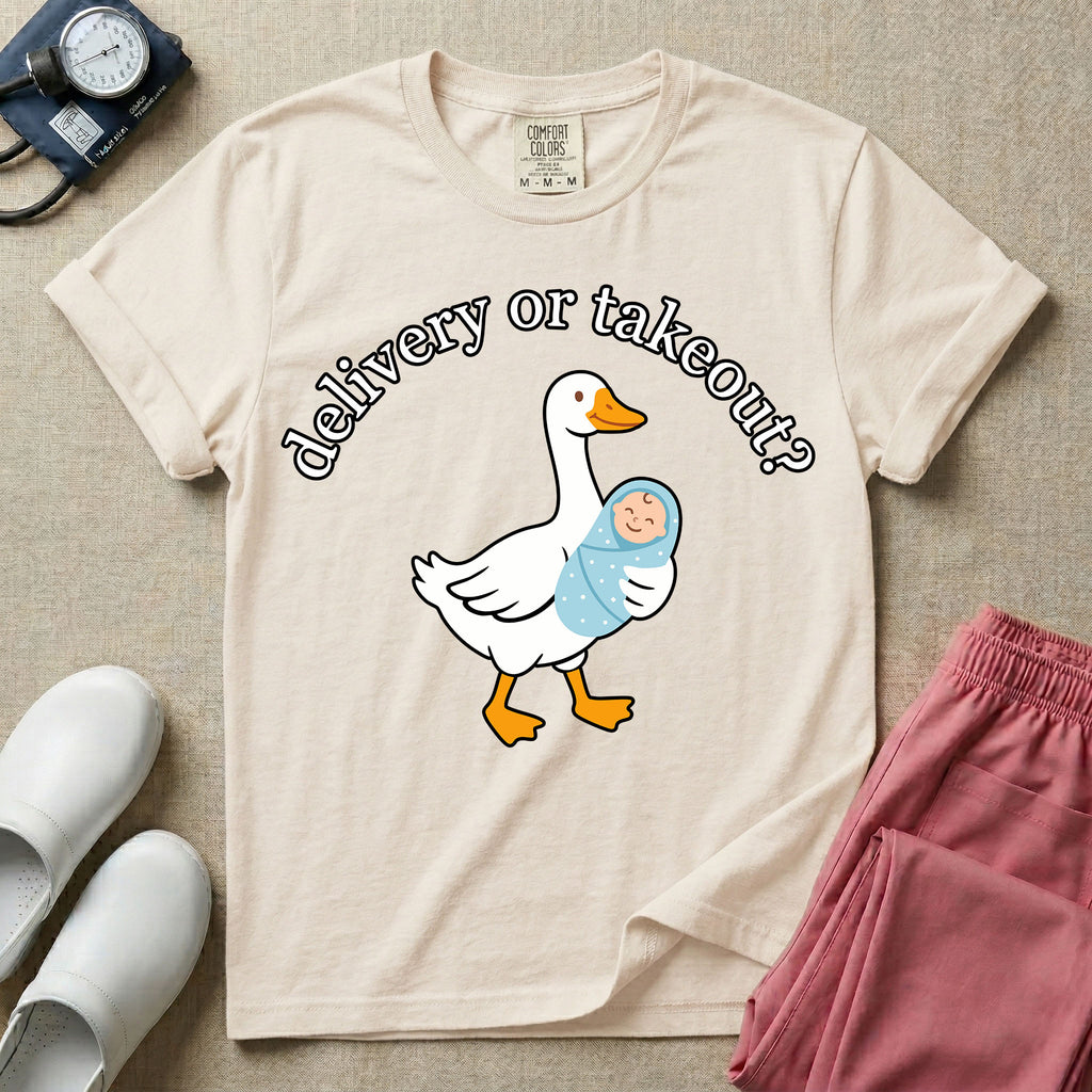 A funny L&D nursing t-shirt featuring a graphic of a white silly goose carrying a baby in a blue swaddle in its beak, surrounded by the humorous arched text "delivery or takeout?".